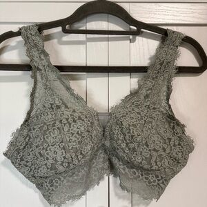 Aerie Lace Longline Bralette Gray L Floral Sheer Racerback Adjustable Straps